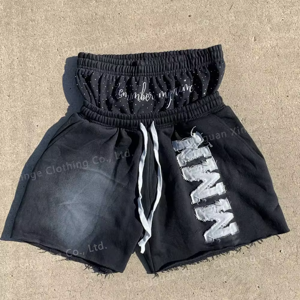 Custom Distressed Embroidery Streetwear French Terry Acid Washed Double Waist Shorts (1)