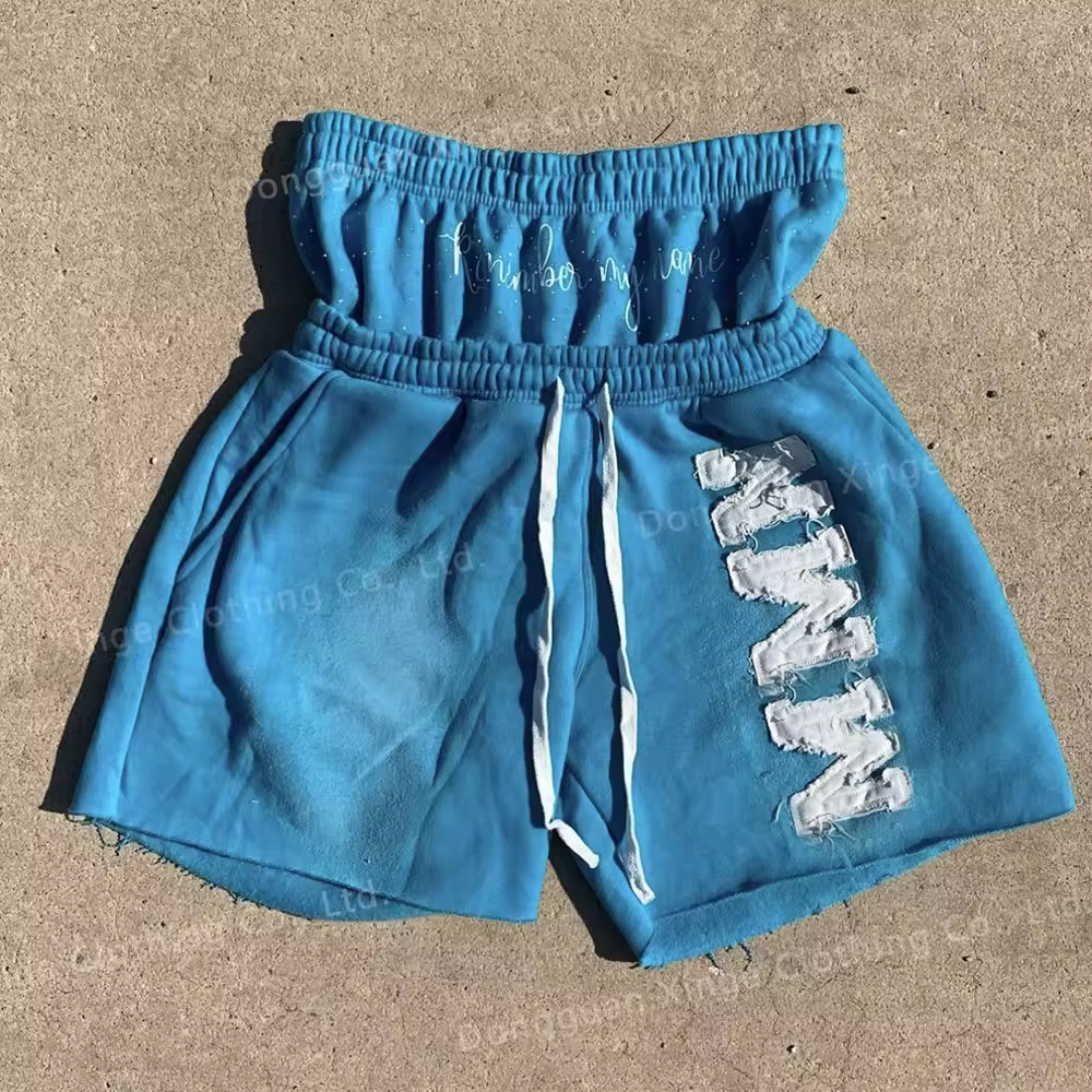 Custom Distressed Embroidery Streetwear French Terry Acid Washed Double Waist Shorts (4)