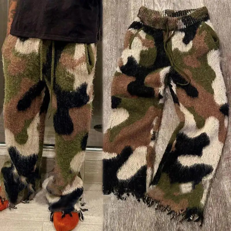 Custom kintted warm sweatpants Mohair flare pants (4)