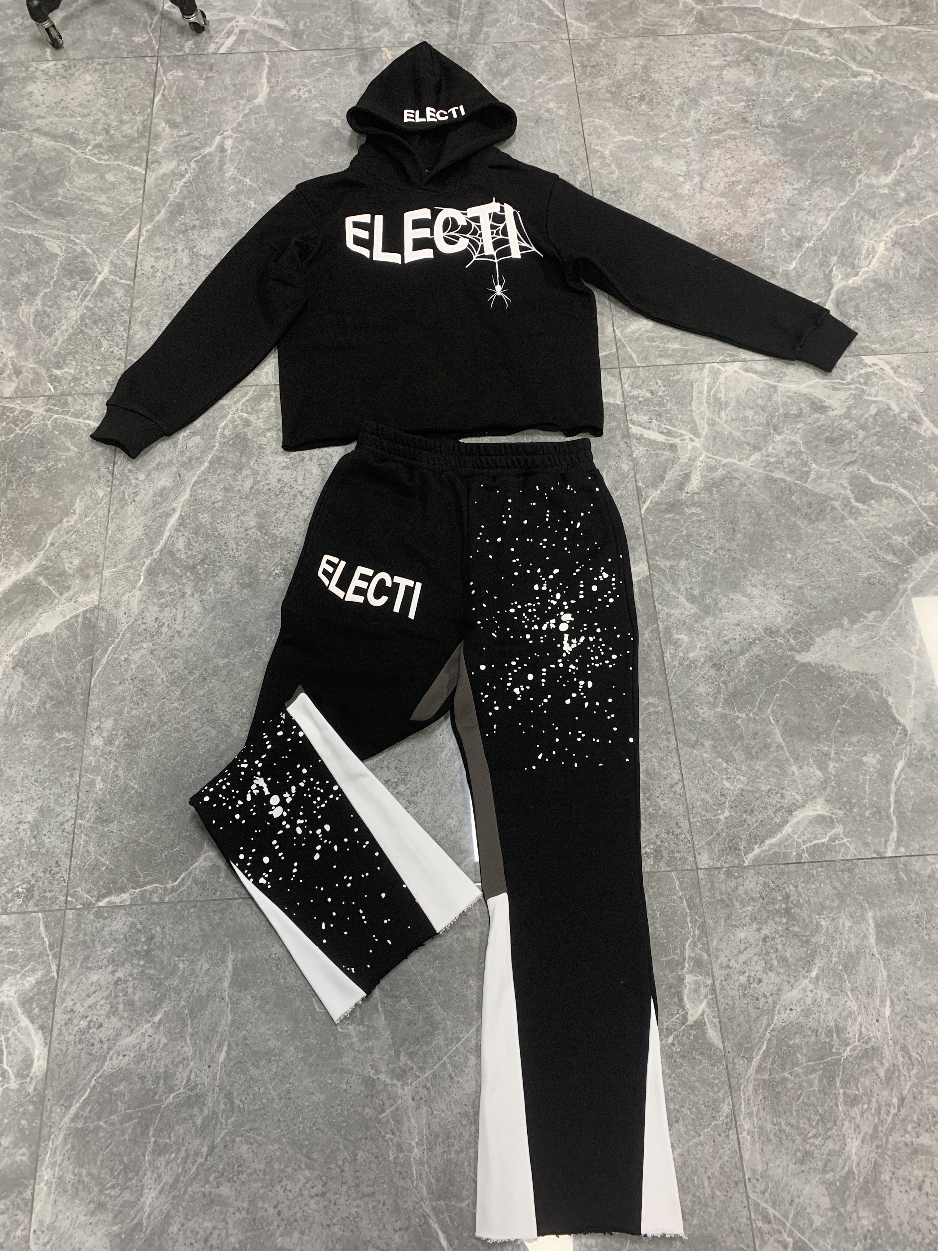 Puff Print and Embroidered Tracksuit Raw Hem Hoodie and Flared Pants1